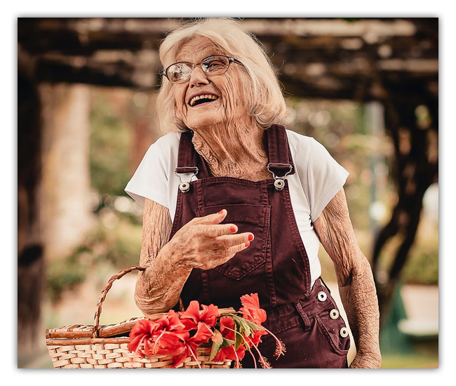 older woman with flower basket